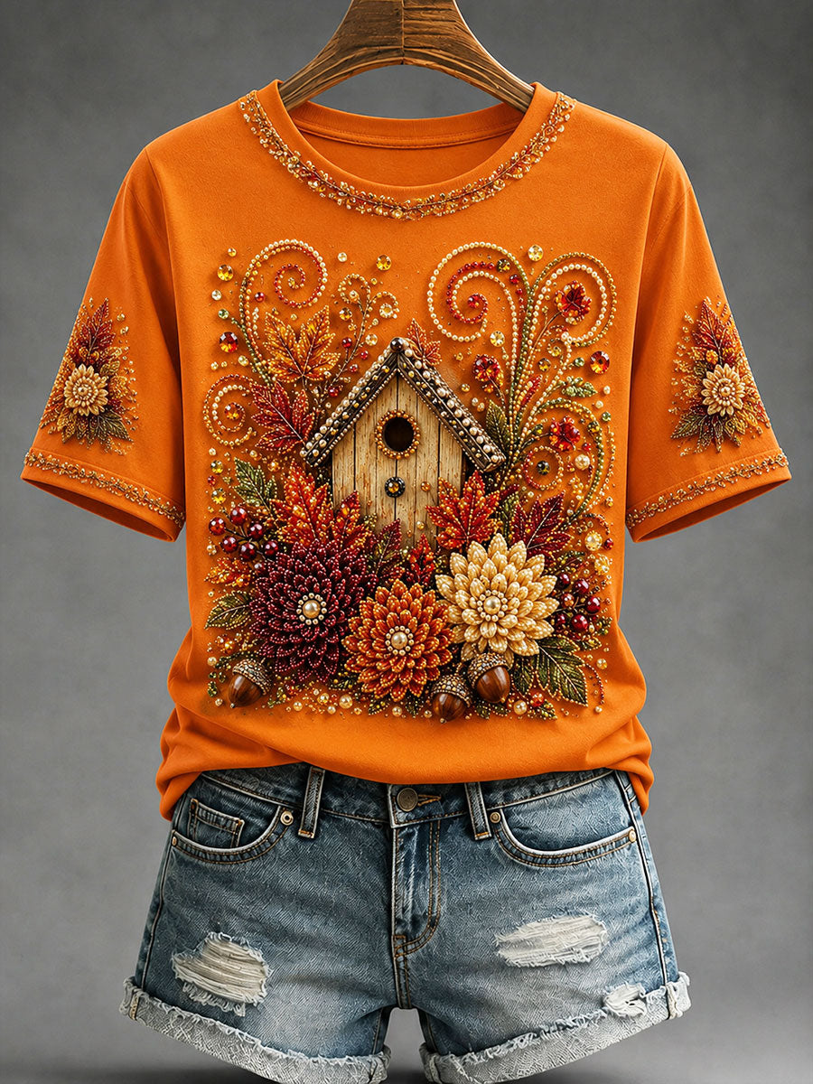 Women's Autumn Log Cabin Floral Print T-shirt