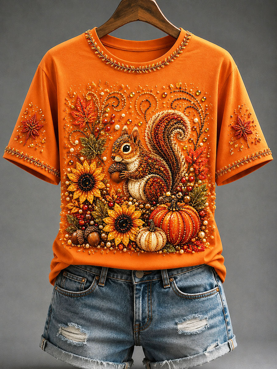 Women's Autumn Squirrel Pumpkin Floral Print T-shirt