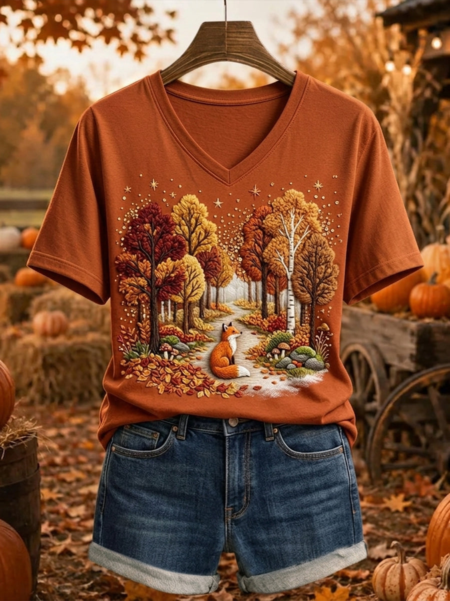 Women's Fall Forest & Fox Print Comfy Short-sleeved T-shirt