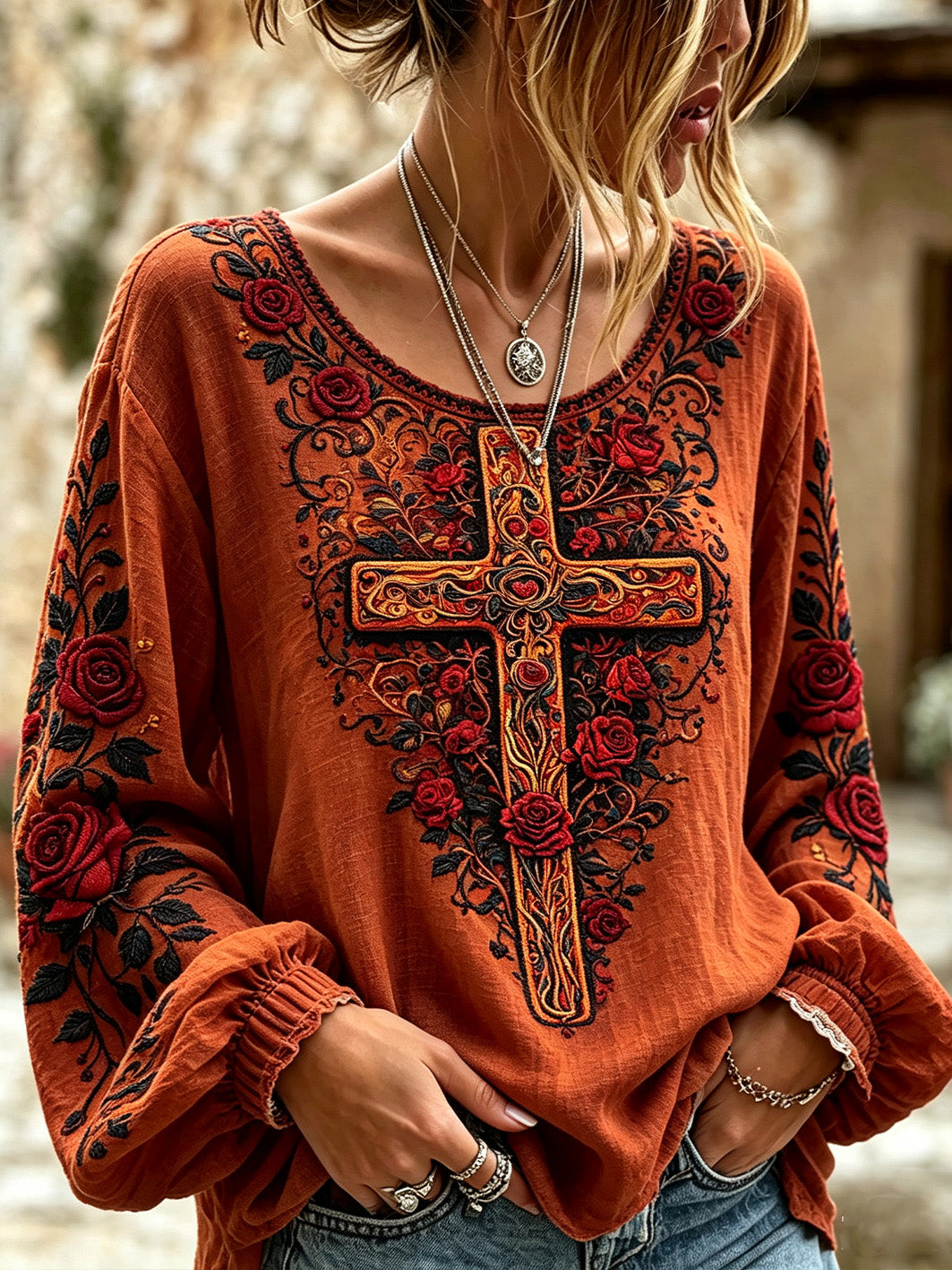 Women's cross and rose pattern printed casual cotton-linen shirt