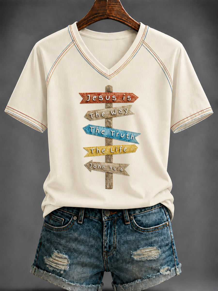 Women's The way The Truth The Life printed V-neck off-shoulder short-sleeved T-shirt