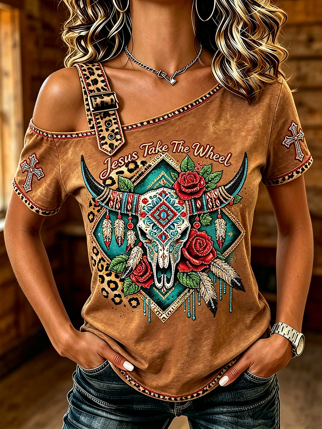 Women's Western Wind Element Pattern Printed Casual Off-the-Shoulder Short-Sleeve T-Shirt