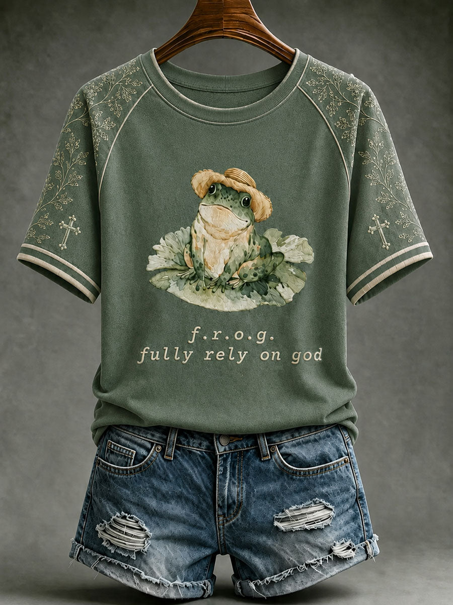 Women's Christian Fully Rely on God Frog O-neck Short Sleeve T-shirt