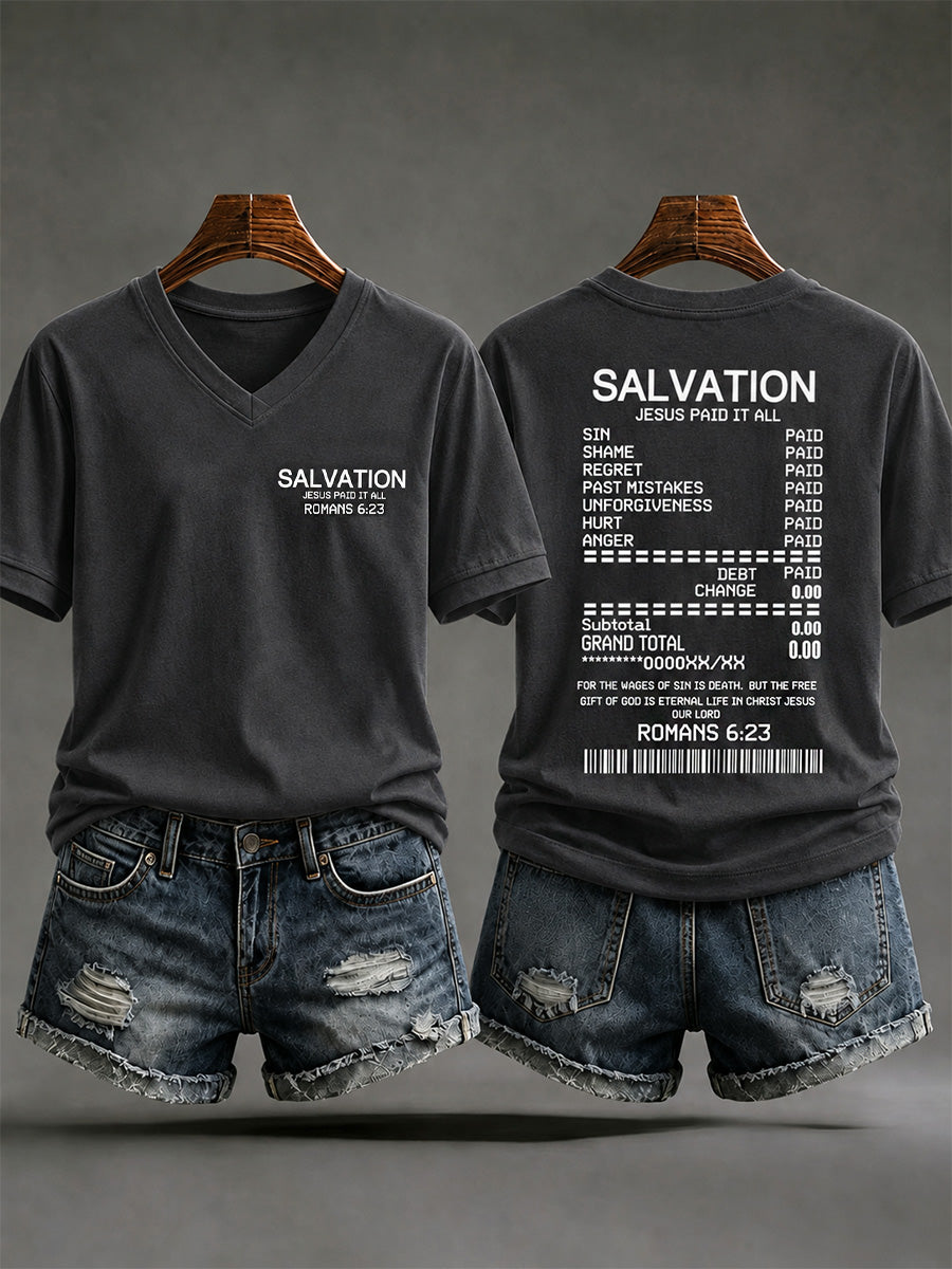 Women's Jesus Paid It All Print Casual V-Neck Tee