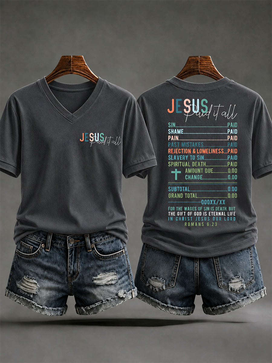 Women's Jesus Paid It All Print Casual V-Neck Tee