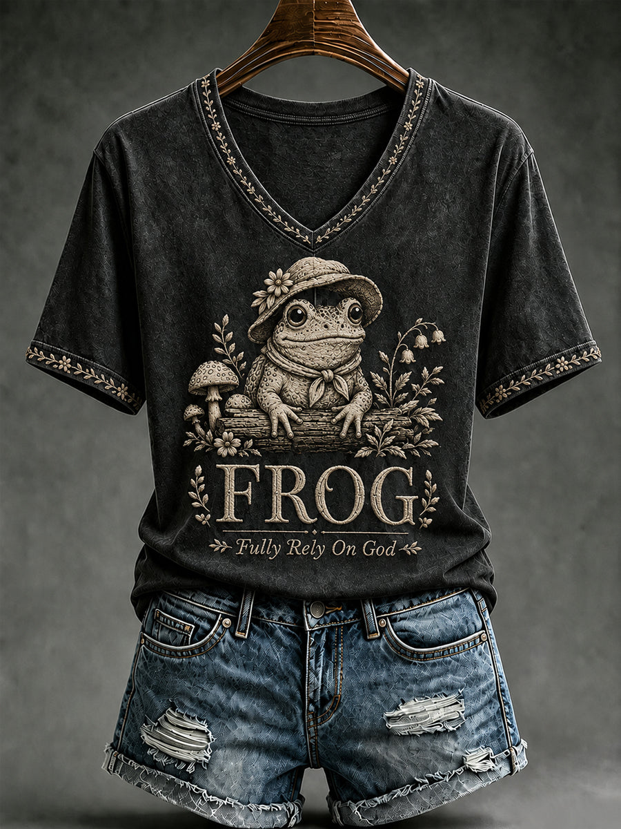 Women's Christian FROG Fully Rely On God V-neck Short Sleeve T-shirt