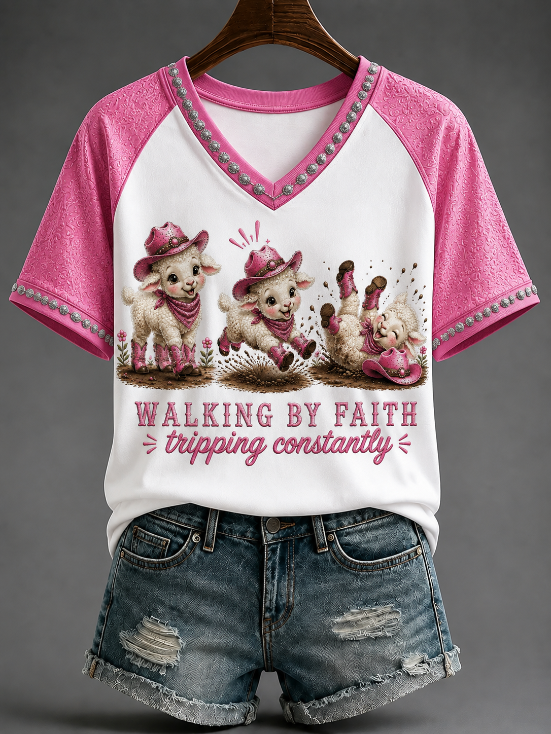 Women's Walking By Faith V-neck Off-shoulder Short-sleeved T-shirt