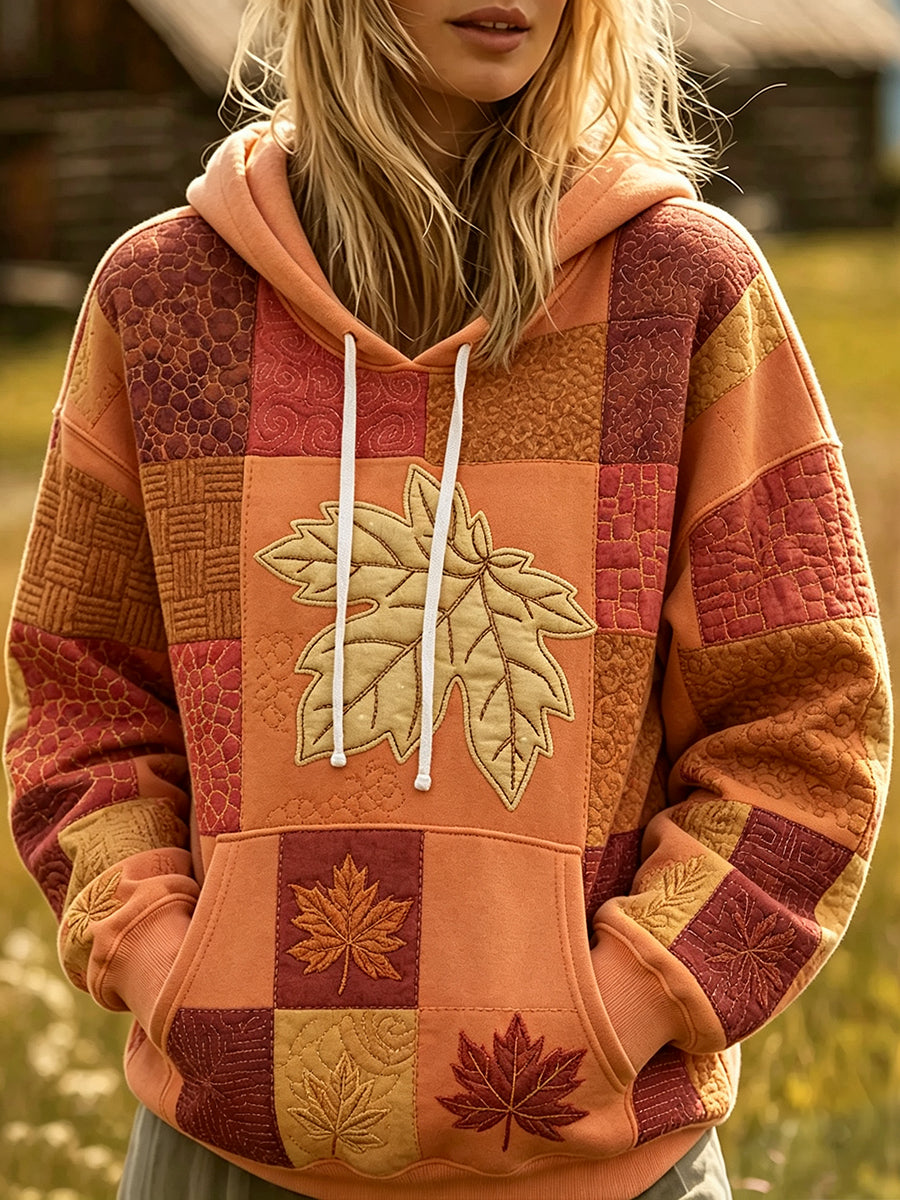 Women's Fall Maple Leaf Patchwork Print Cozy Hoodie