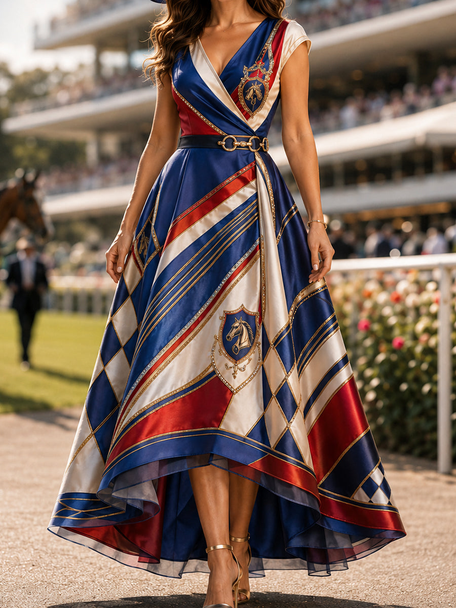 Women's Australian Horse Racing V-Neck Dress