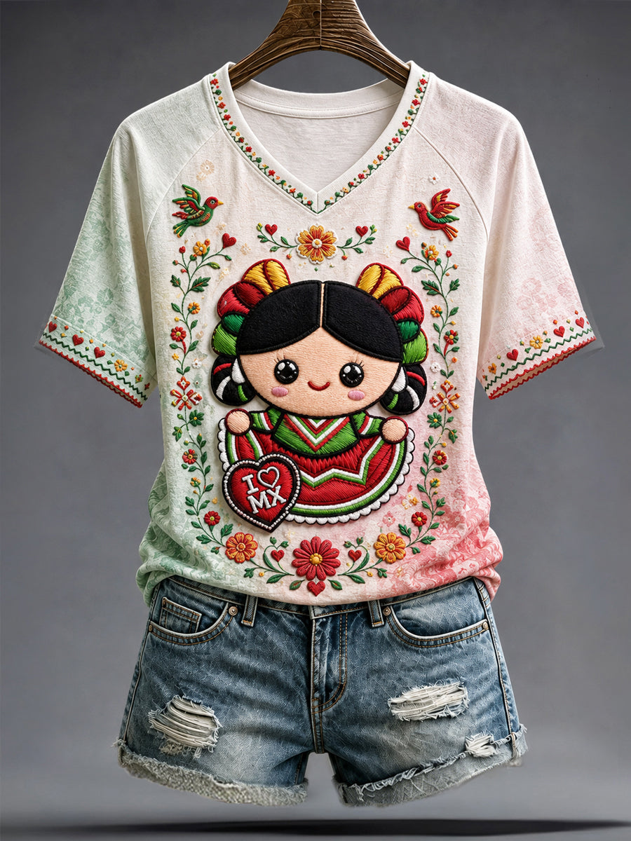 Women's V-neck off-shoulder short-sleeved T-shirt