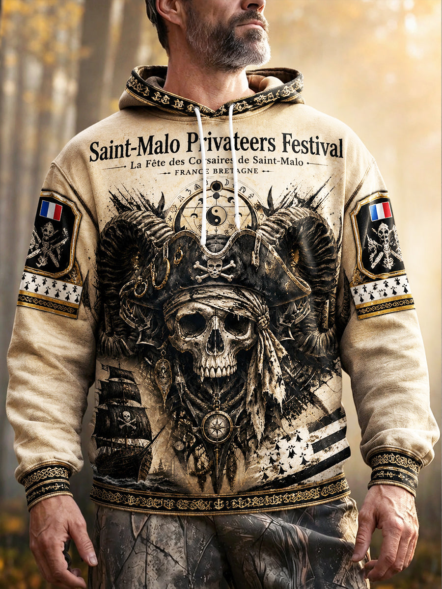 Men’s French Brittany Pirate Gothic Print Casual Hooded Sweatshirt
