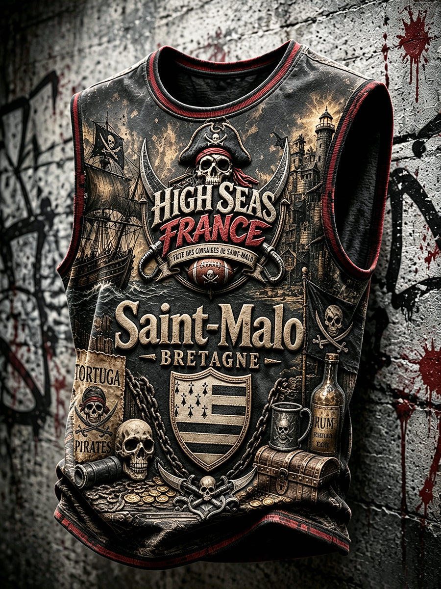 Men’s Vintage French Brittany Saint-Malo Pirate Festival Print Loose-Fit Vest