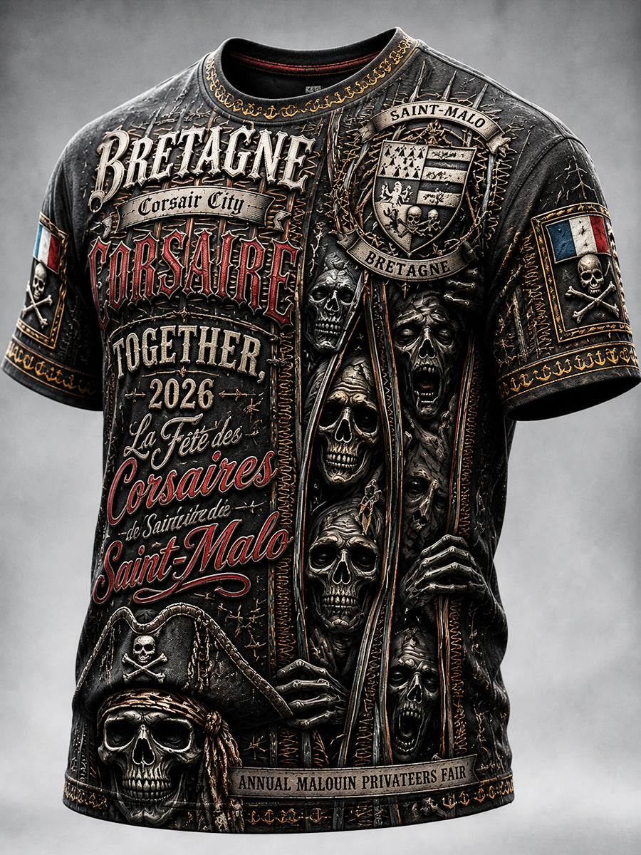 Men’s French Brittany Pirate Gothic-style Printed Casual T-shirt