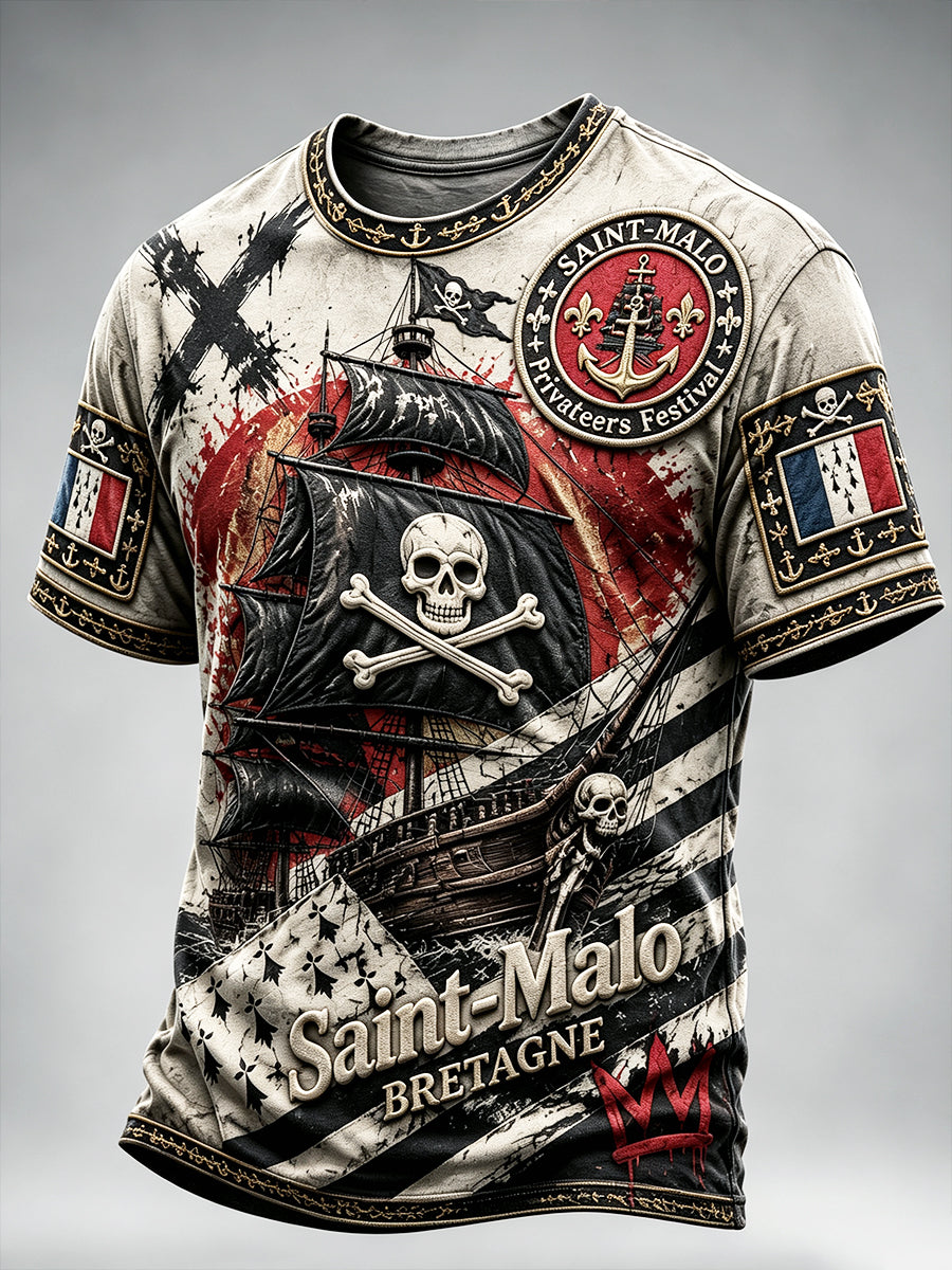 Men’s French Brittany Saint-Malo Pirate Festival Retro Graffiti Print T-shirt