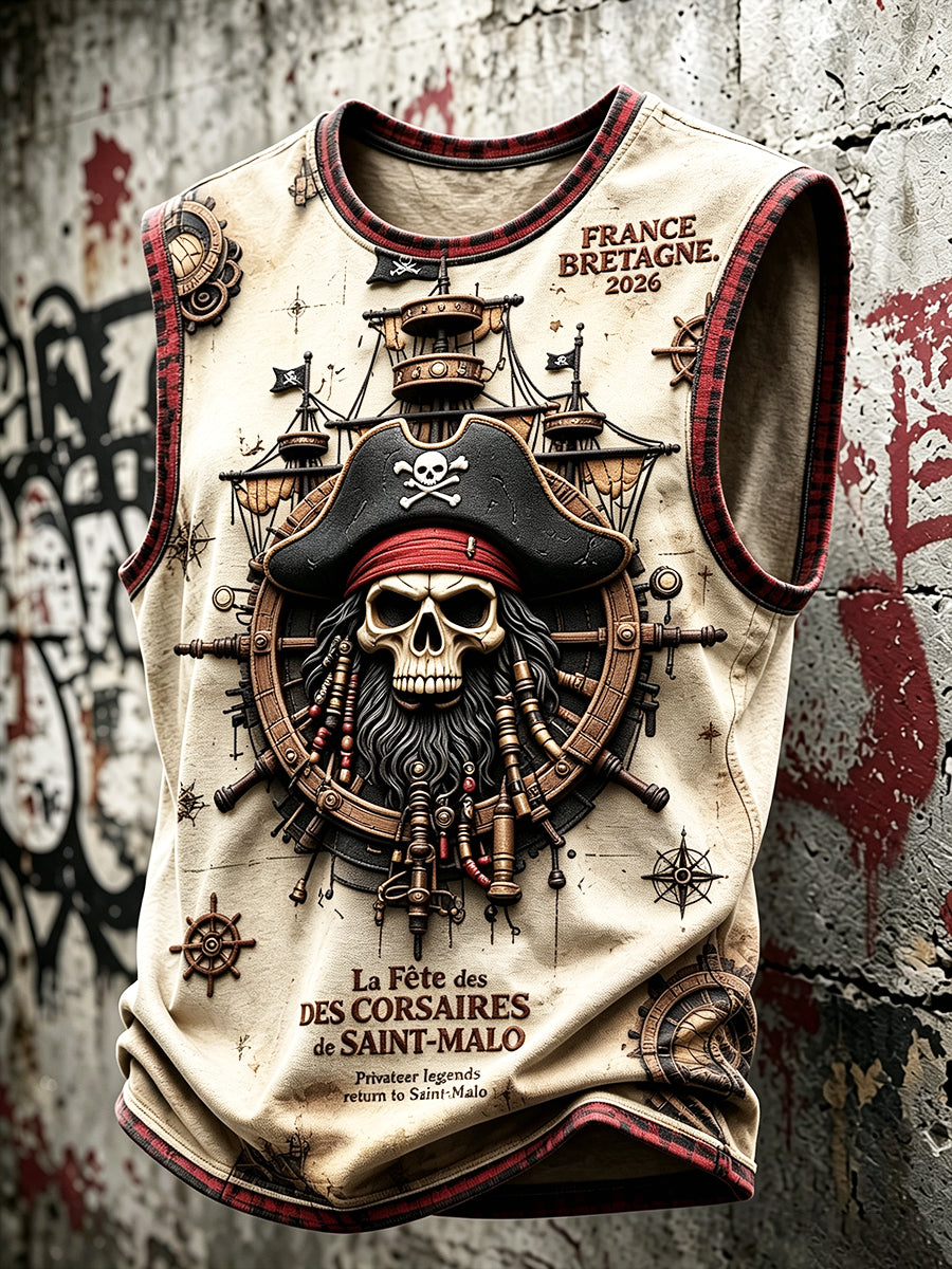 Men’s Vintage Off-White French Brittany Saint-Malo Pirate Festival Print Vest