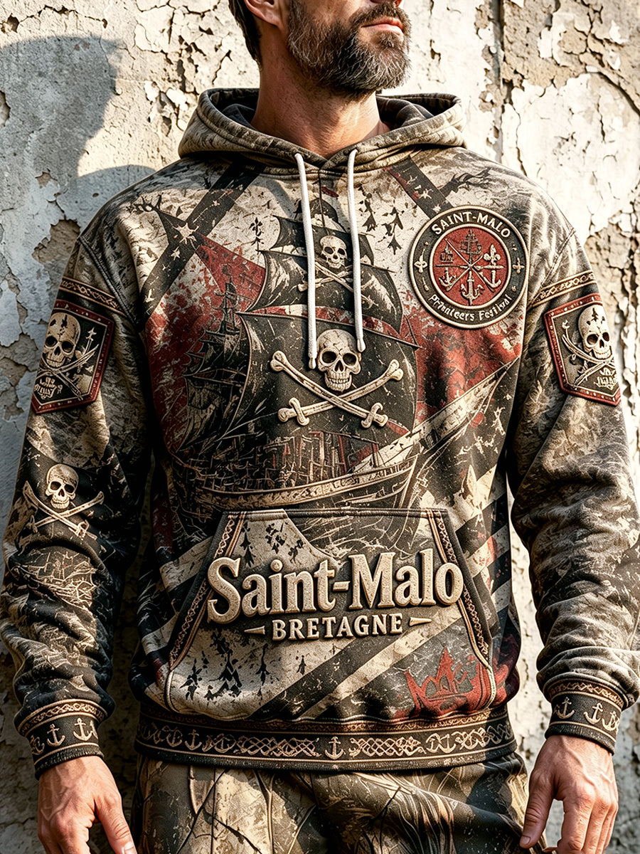 Men’s Saint-Malo Pirate Festival Retro Graffiti Print Hooded Sweatshirt