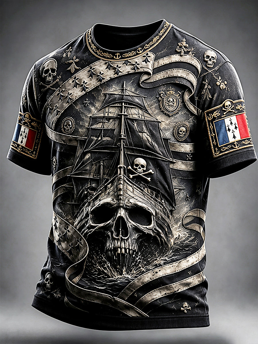 Men’s French Brittany Pirate Retro Print Casual T-shirt