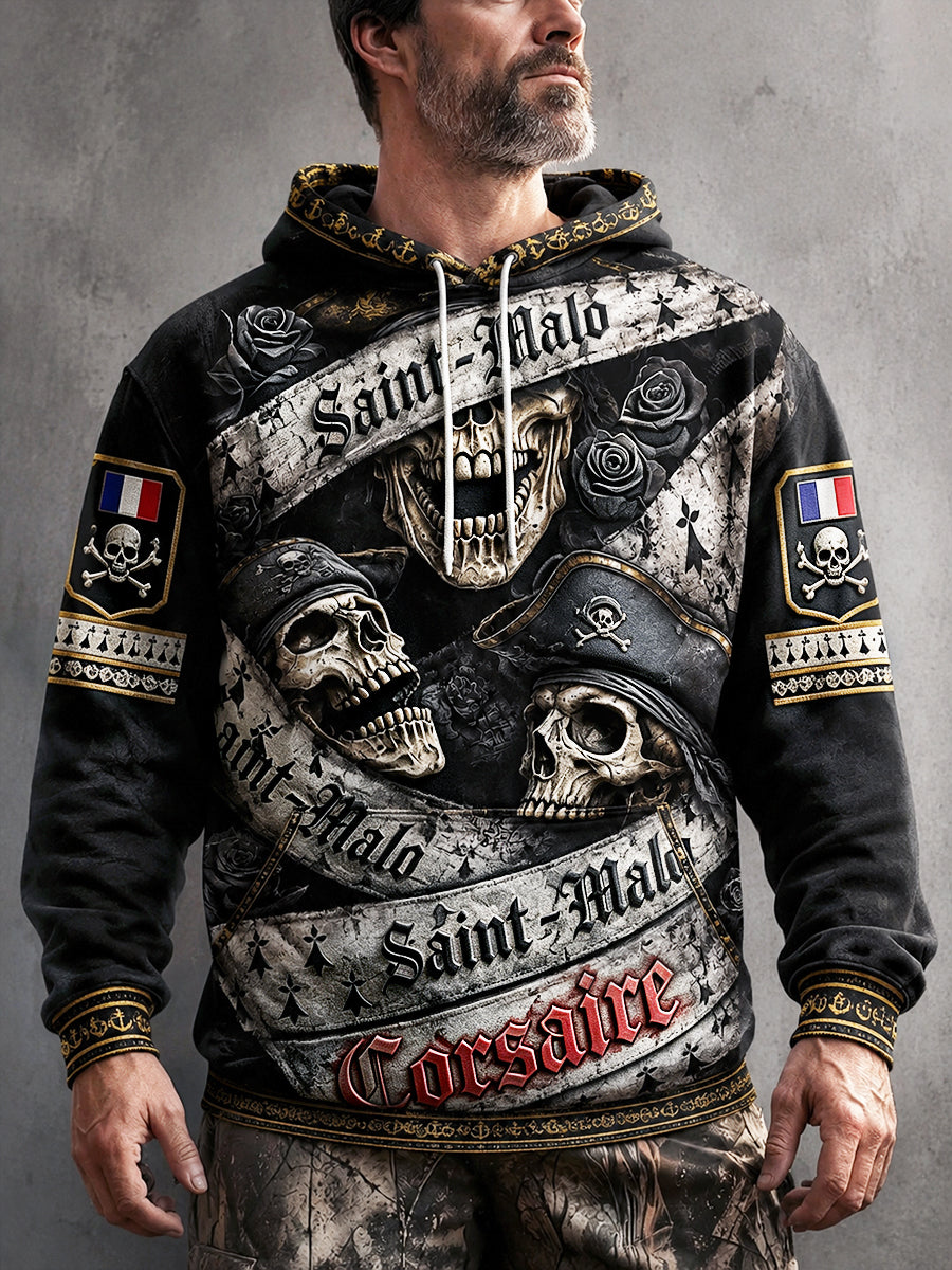 Men’s Black French Breton Pirate Gothic Print Casual Hooded Sweatshirt