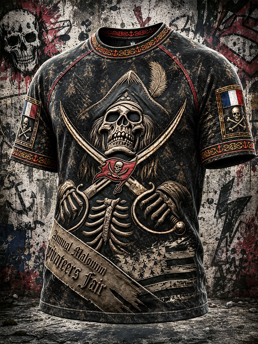 Men’s Black French Breton Pirate Gothic-Style Printed Casual T-shirt