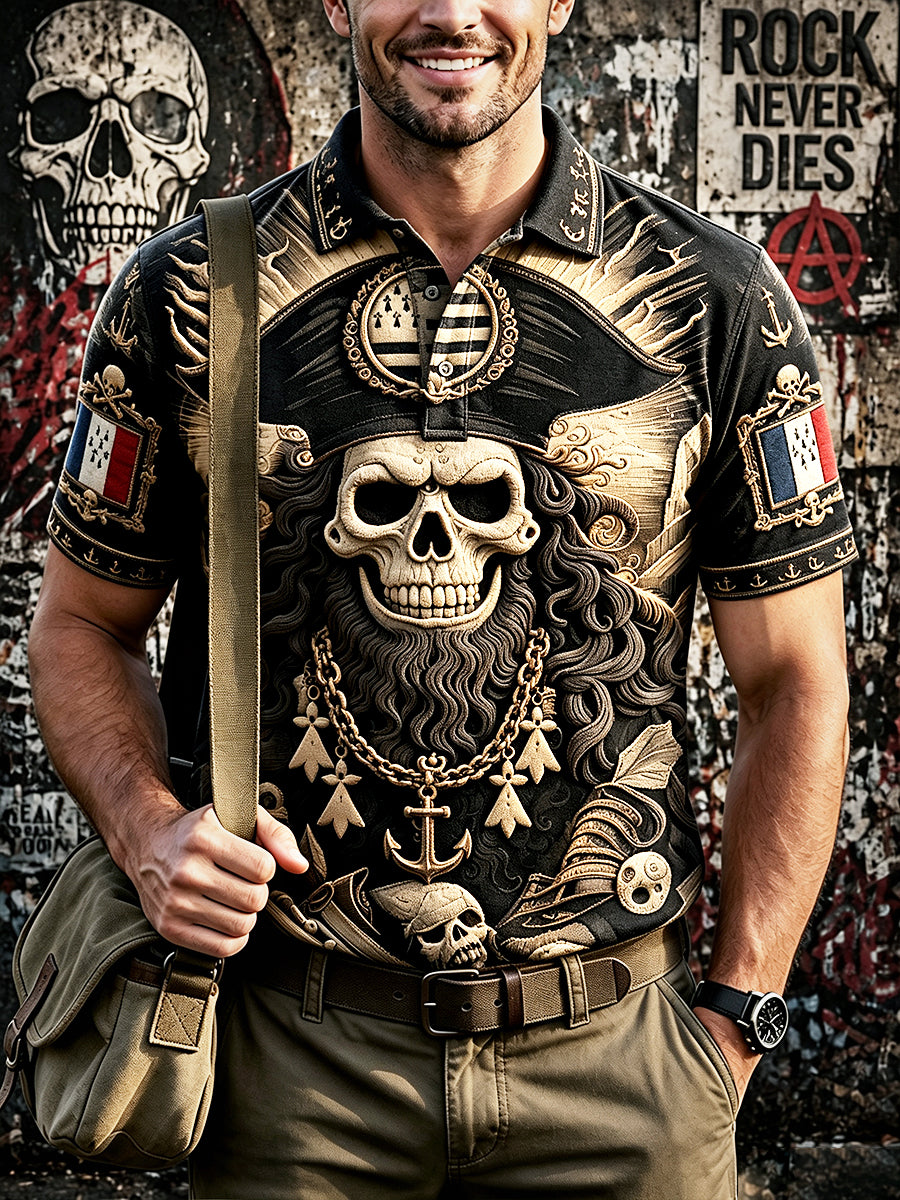 Men’s Vintage Black Breton Pirate Graffiti Print Casual Polo Shirt
