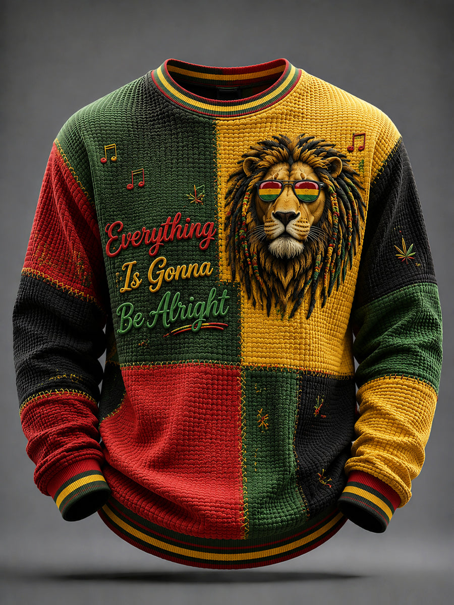 Retro Reggae Music Lion Waffle-Pattern Patchwork T-Shirt