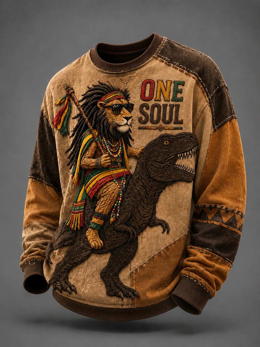 Retro Reggae Lion Dinosaur Patchwork Casual Sweatshirt
