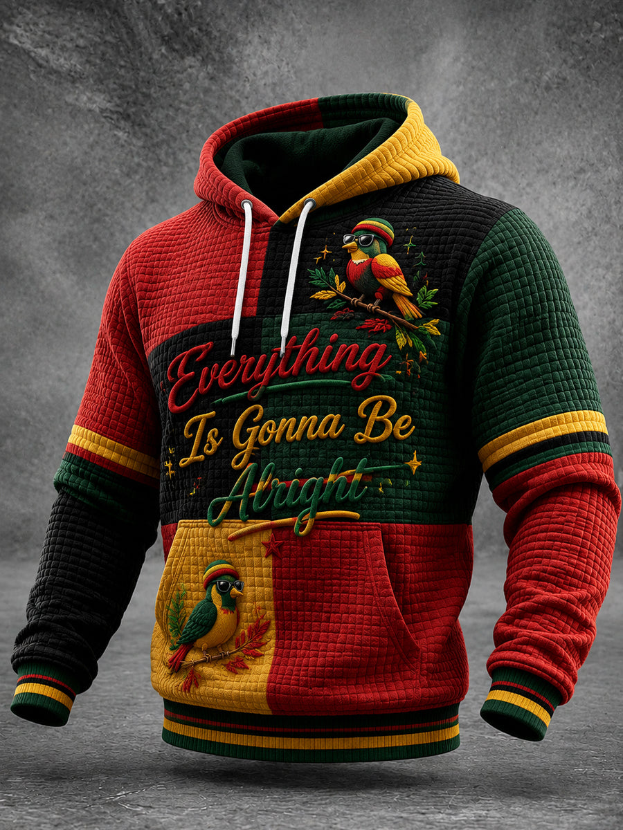 Retro Reggae-Themed Waffle-Knit Patchwork Hoodie for Music Lovers