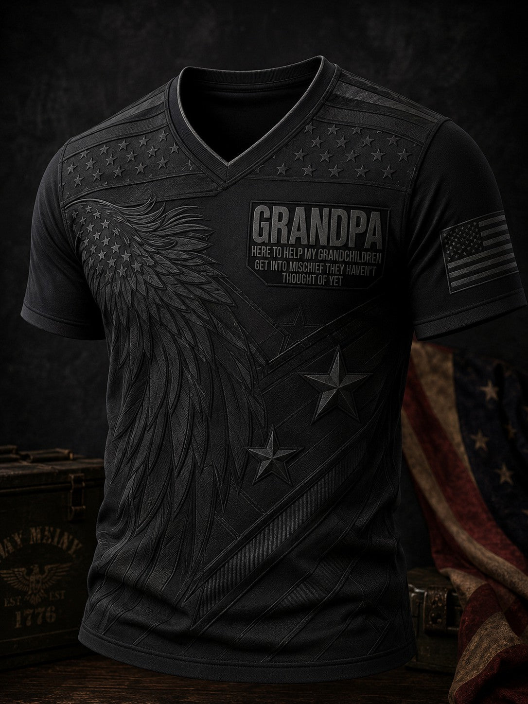 Men's Grandpa Here to Help My Grandchildren Get Into Mischief Printed V-neck T-shirt