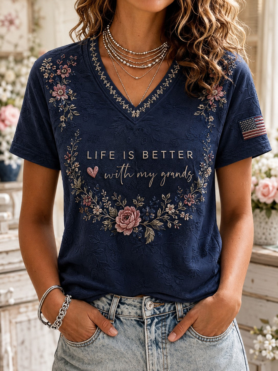 Women's Life Is Better With My Grands Printed V-neck T-shirt