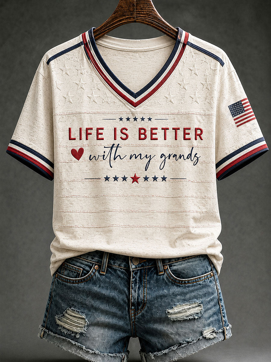 Women's Life Is Better With My Grands Printed V-neck T-shirt
