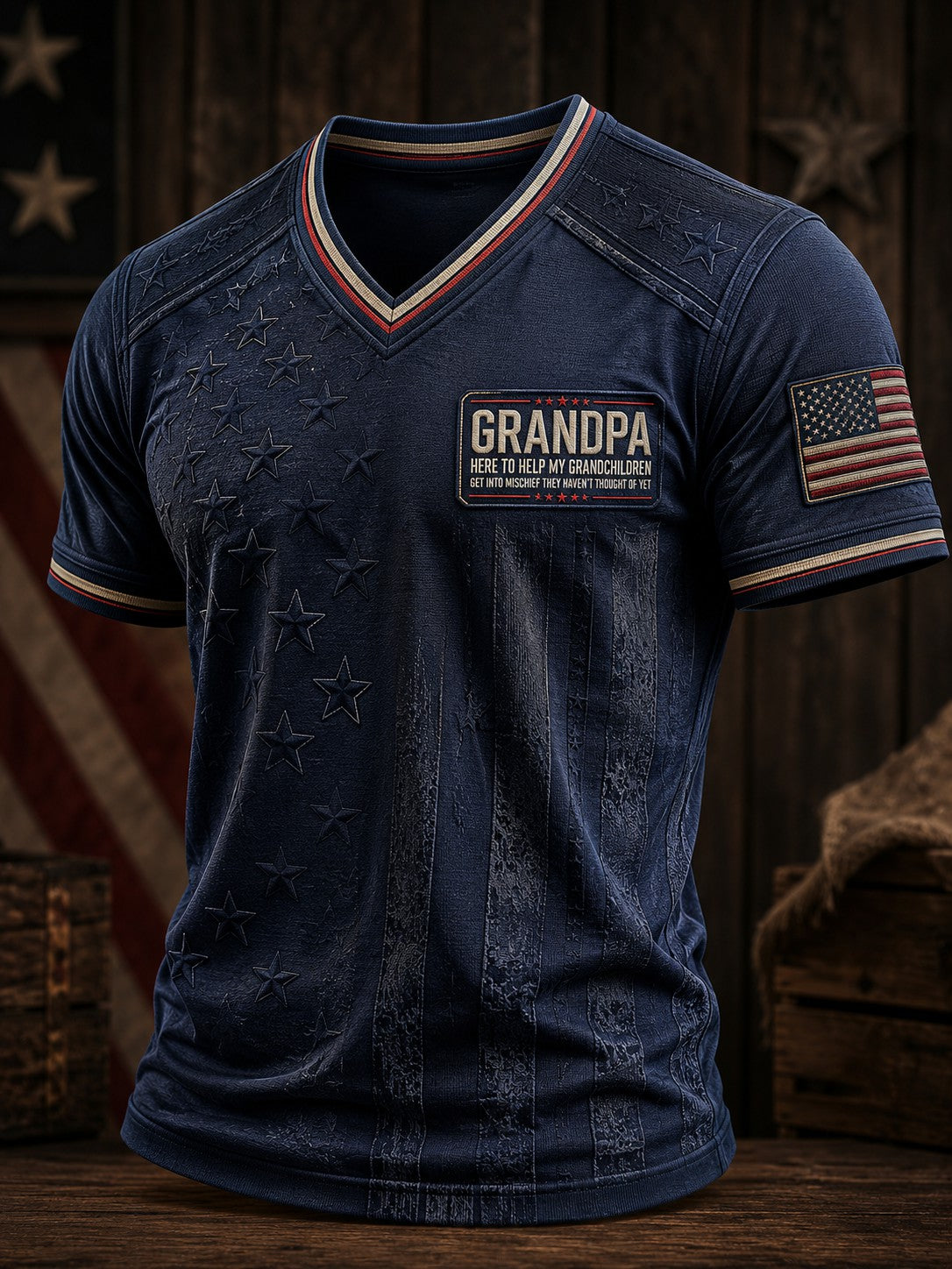 Men's Grandpa Here to Help My Grandchildren Get Into Mischief Printed V-neck T-shirt
