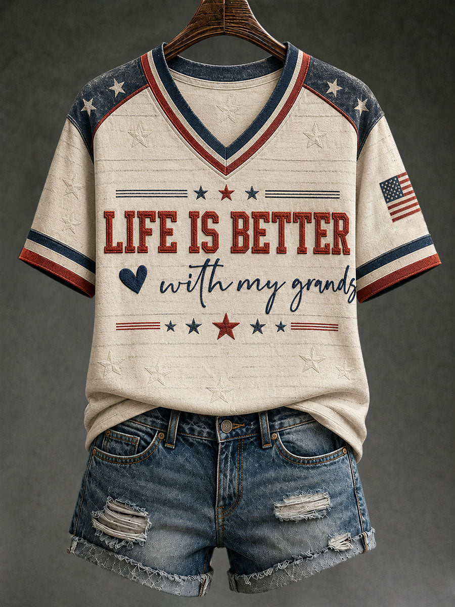 Women's Life Is Better With My Grands Printed V-neck T-shirt