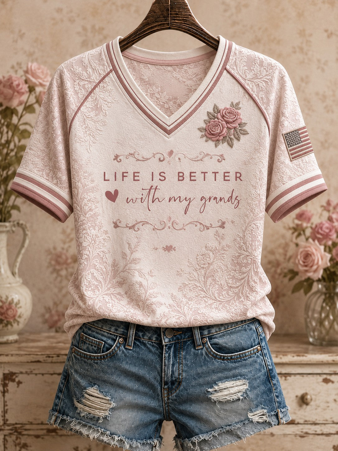 Women's Life Is Better With My Grands Printed V-neck T-shirt