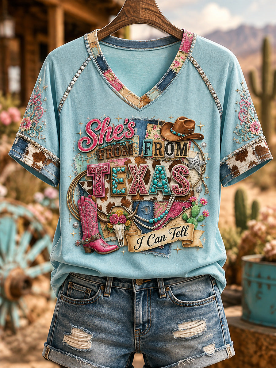 Women's She's From Texas I Can Tell Print Casual V-Neck Tee