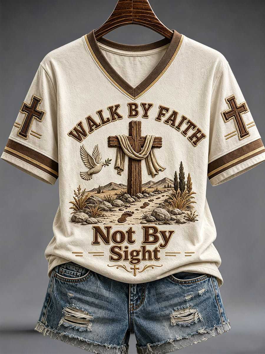 Women's Walk by Faith Not by Sight Print Casual V-Neck Tee