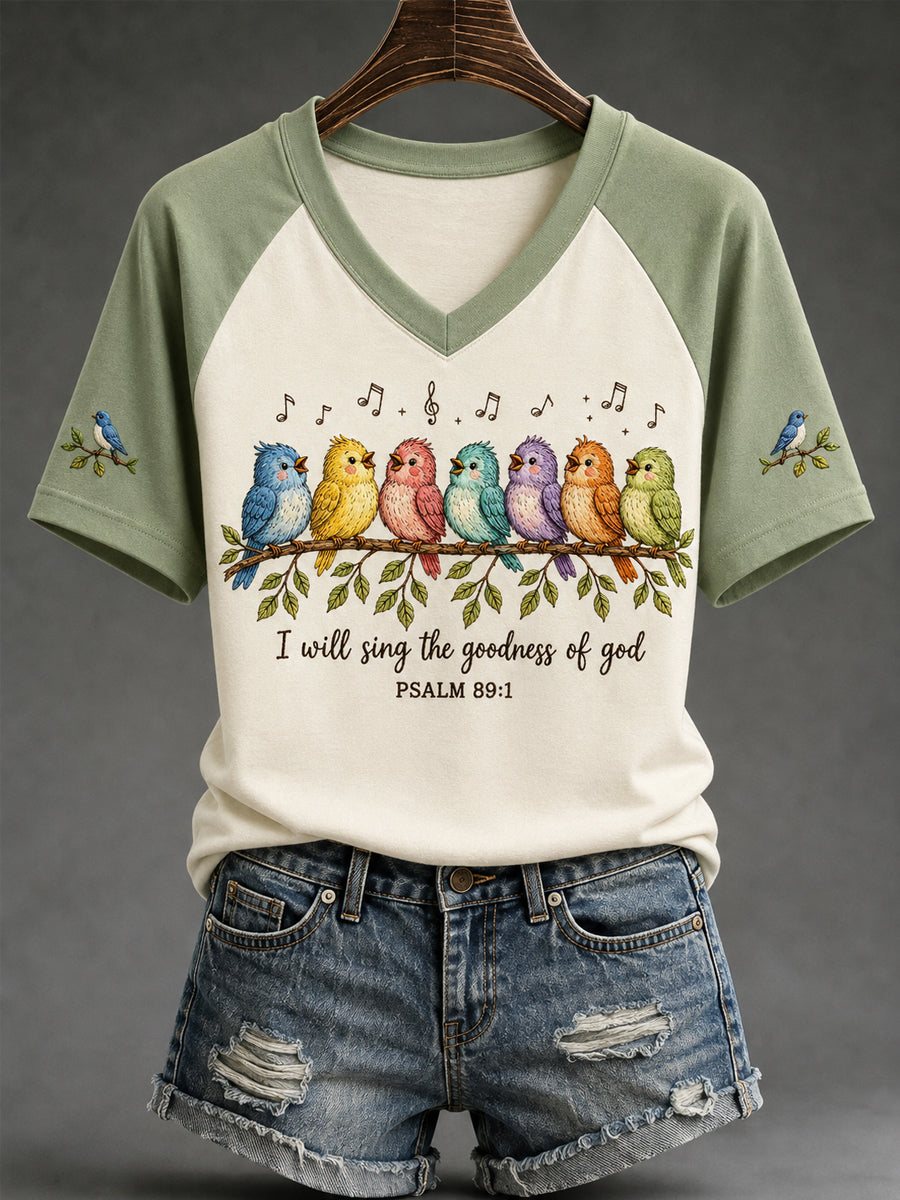 Women's I Will Sing Of The Goodness Of God Birds Print Casual V-Neck Tee