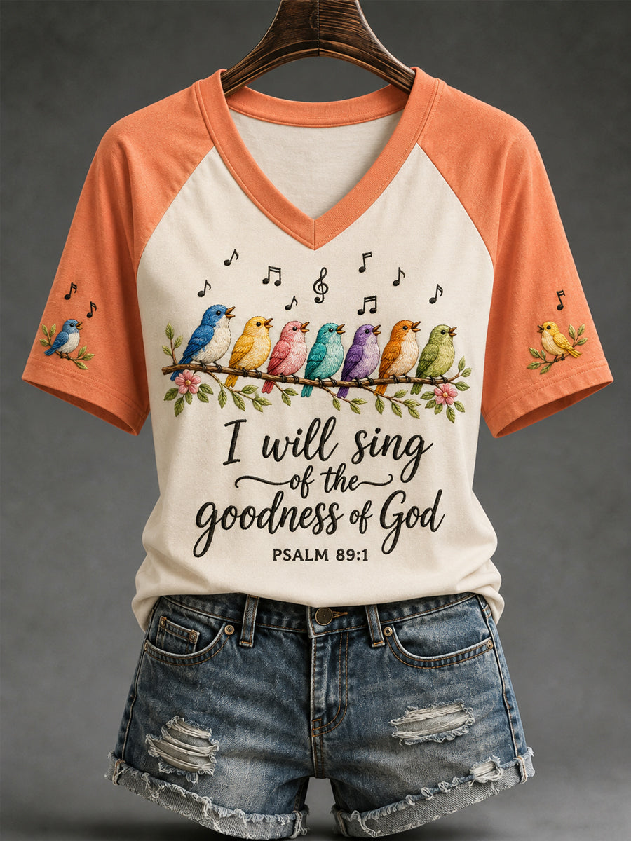 Women's I Will Sing Of The Goodness Of God Birds Print Casual V-Neck Tee