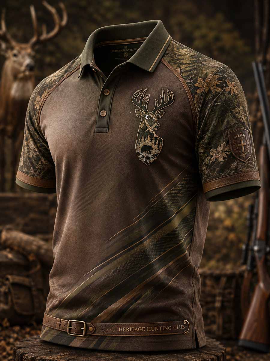 Men's Vintage Traditional Reindeer Pattern Printed Polo Shirt