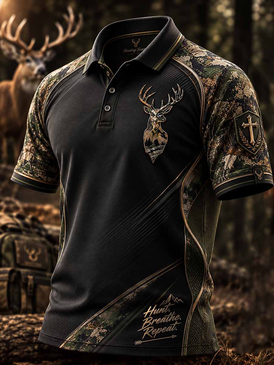 Men's Vintage Traditional Reindeer Pattern Printed Polo Shirt