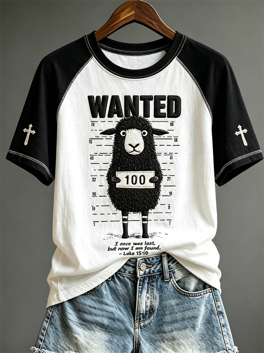 Women's I Once Was Lost But Now I Am Found Funny Lamb Mugshot Print short sleeve T-shirt