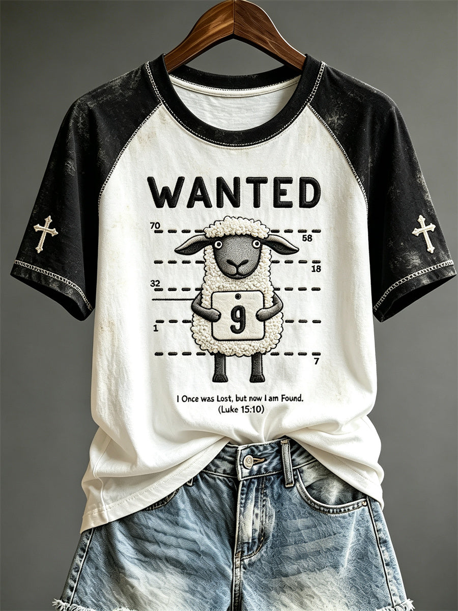 Women's I Once Was Lost But Now I Am Found Funny Lamb Mugshot Print short sleeve T-shirt