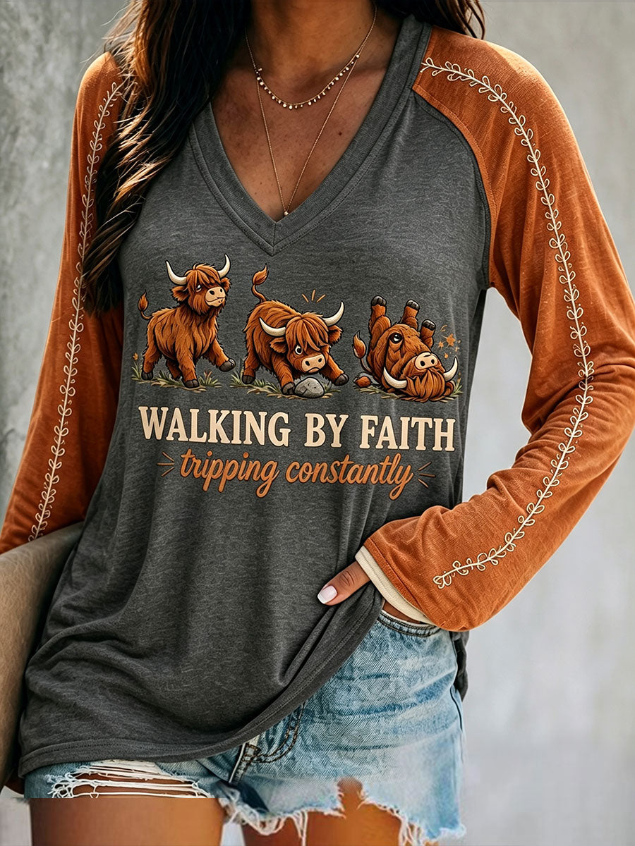 Women's Walking By Faith Tripping Constantly Double Layer Neck Long Sleeve T-Shirt
