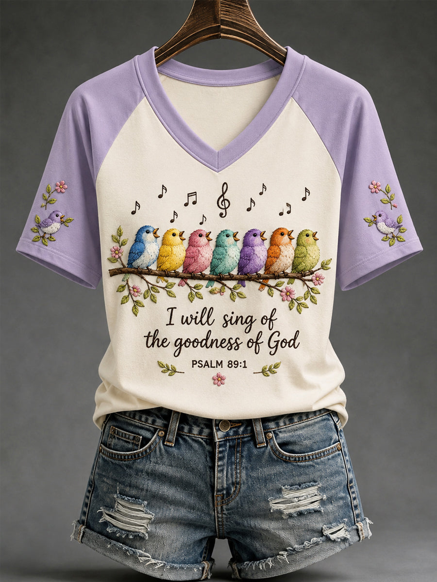Women's I Will Sing Of The Goodness Of God Birds Print Casual V-Neck Tee