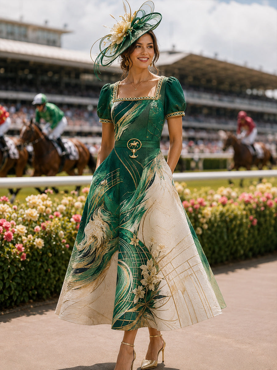 Women's Australian Horse Racing Art Print V Neck Elegant Midi Dress