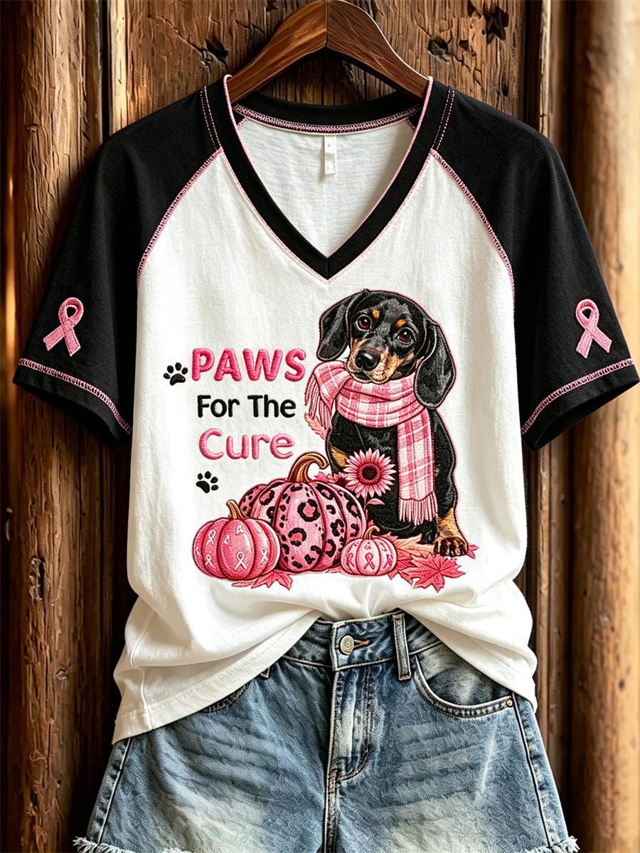 Women's Paws For the Cure Dachshund Dog Breast Cancer Pink Pumpkins Print short-sleeved T-shirt