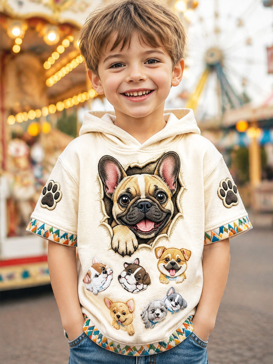 Boys' Off-White Bulldog 3D-Printed Casual Short-Sleeve Hoodie