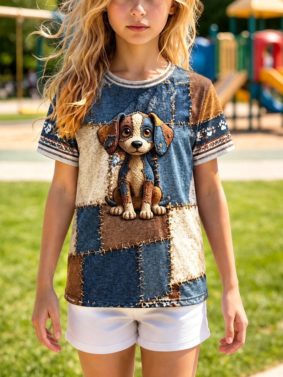 Girls’ Cute Dog Patchwork Print Casual T-shirt