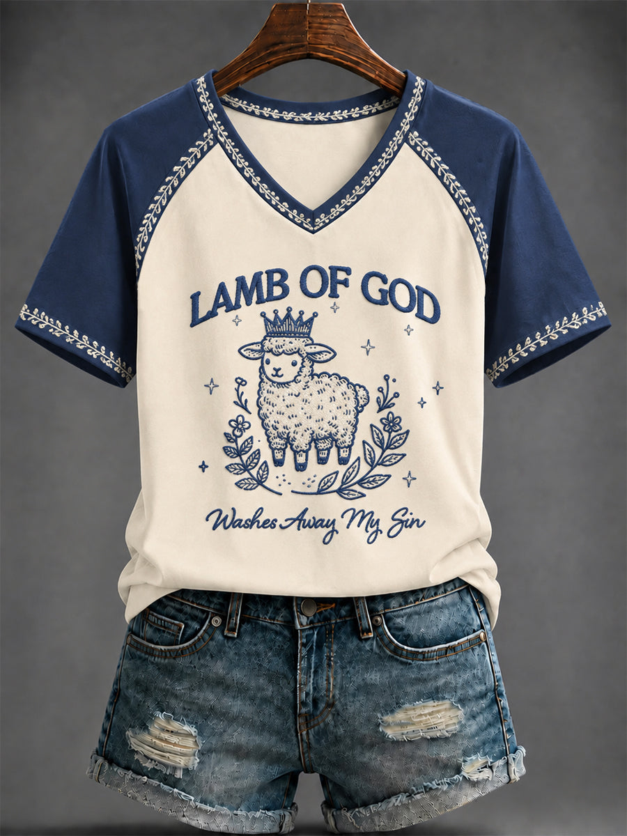 Women's “LAMB OF GOD” Printed V-neck T-shirt