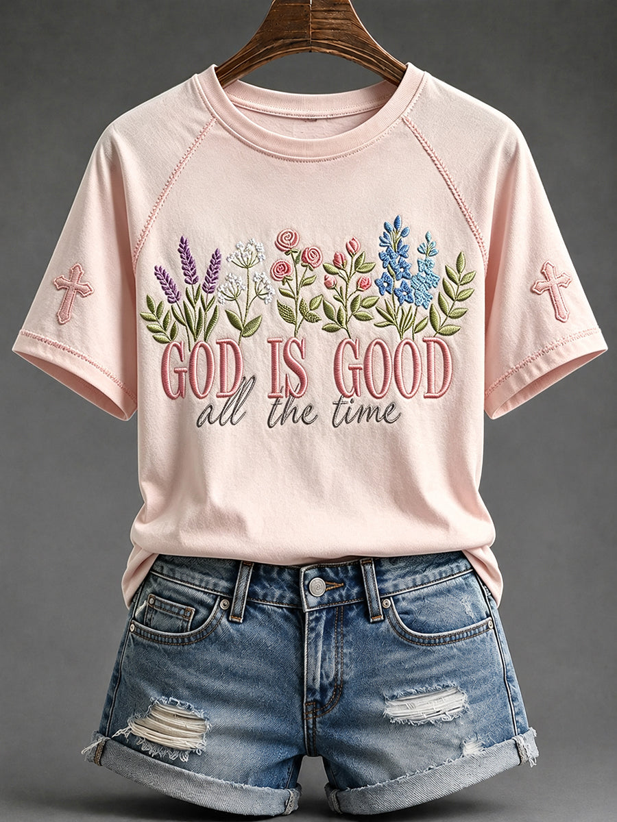 Women's God Is Good Floral Print Round Neck Short Sleeve T-shirt