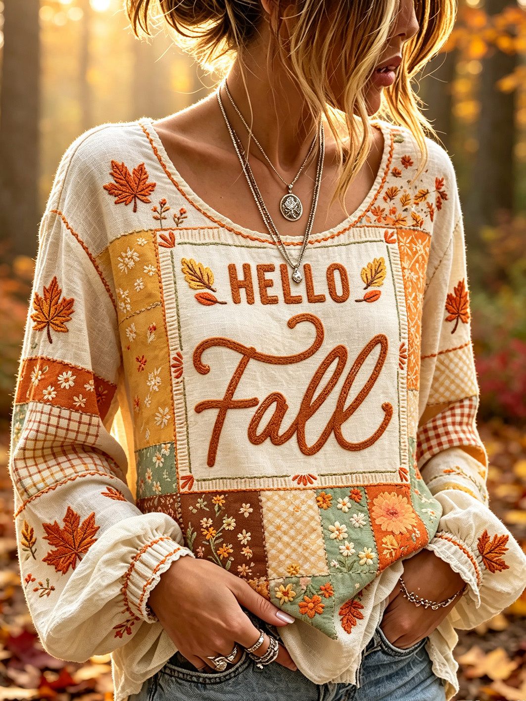 Women's autumn maple leaf element pattern printed casual cotton-linen shirt